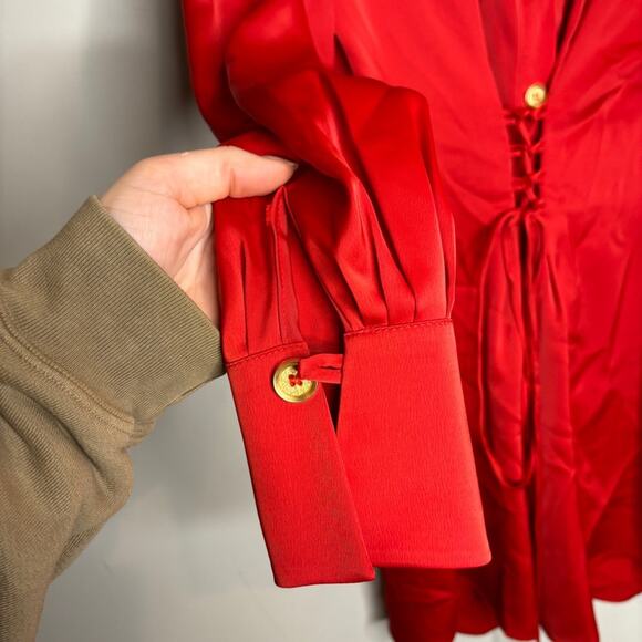 adL X Raisa Vanessa Red Satin Tie Waist Satin Mini Dress - Picture 8 of 12